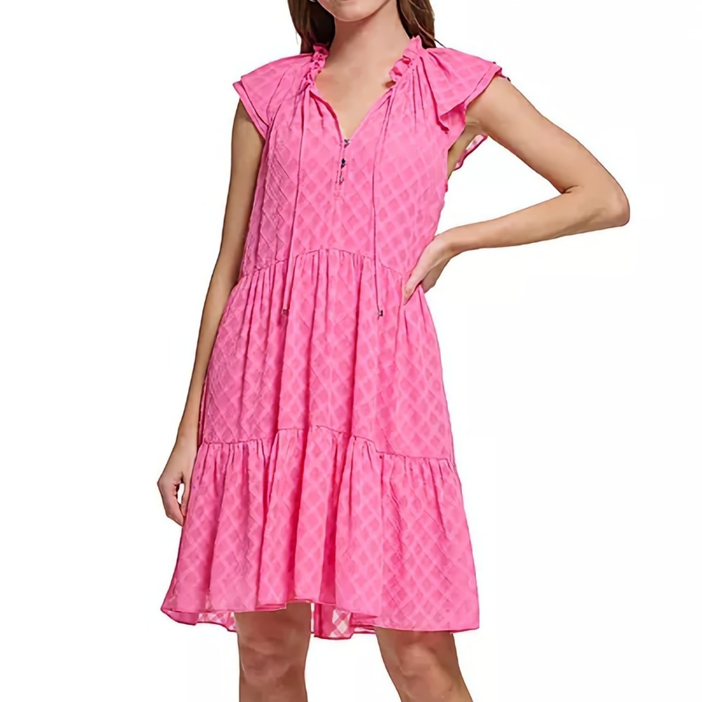 Tommy‎ Hilfiger Trellis Print Shift Neck Tie Pink Short Sleeve Dress Womens 2